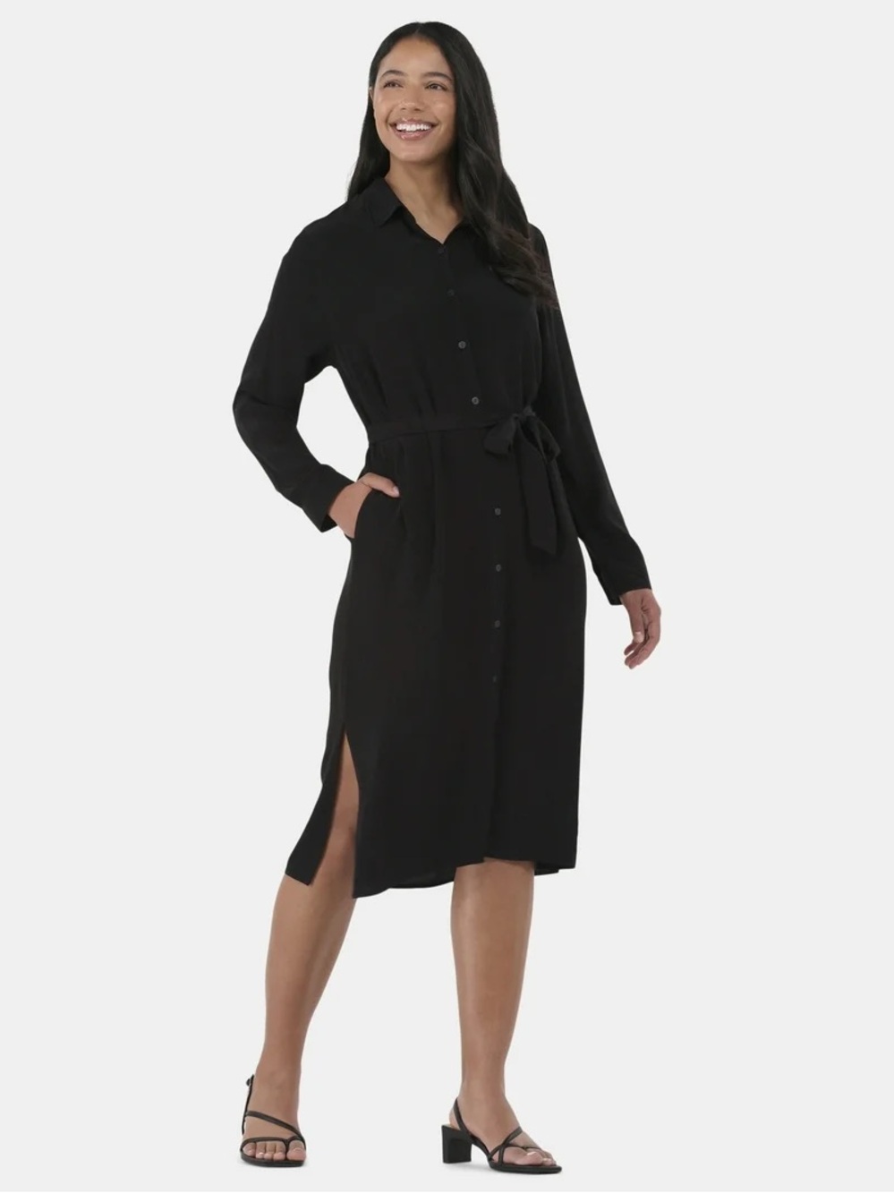 Time and Tru Black Button-Front Tie-Waist Shirt Dress